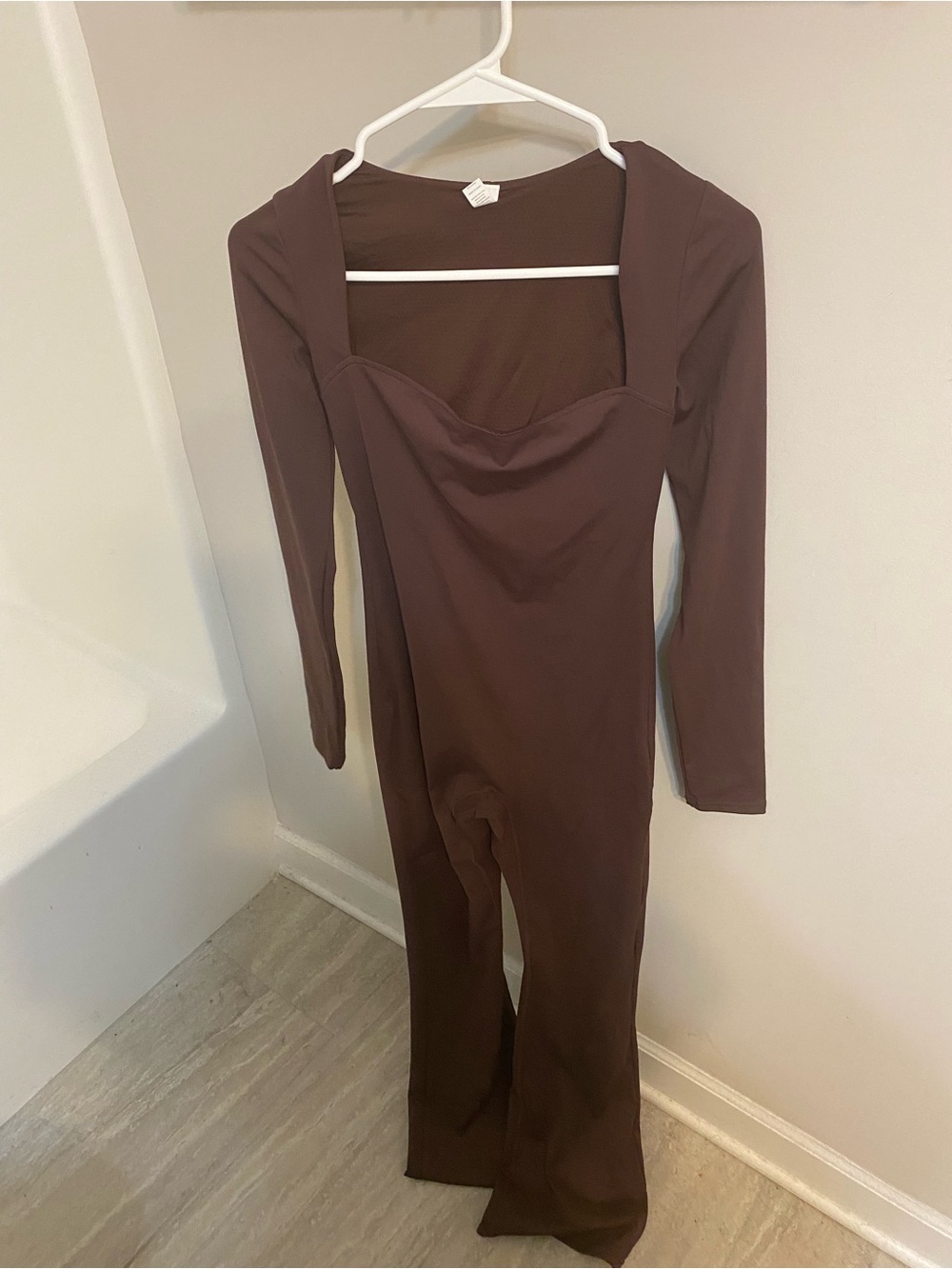 Brown Long-Sleeve Square Neck Jumpsuit